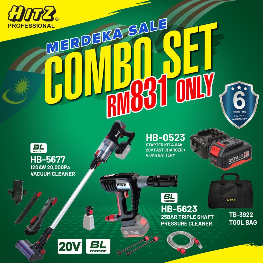 HITZ Combo Set 25 Bar Triple Shaft Cordless High Pressure Cleaner Water