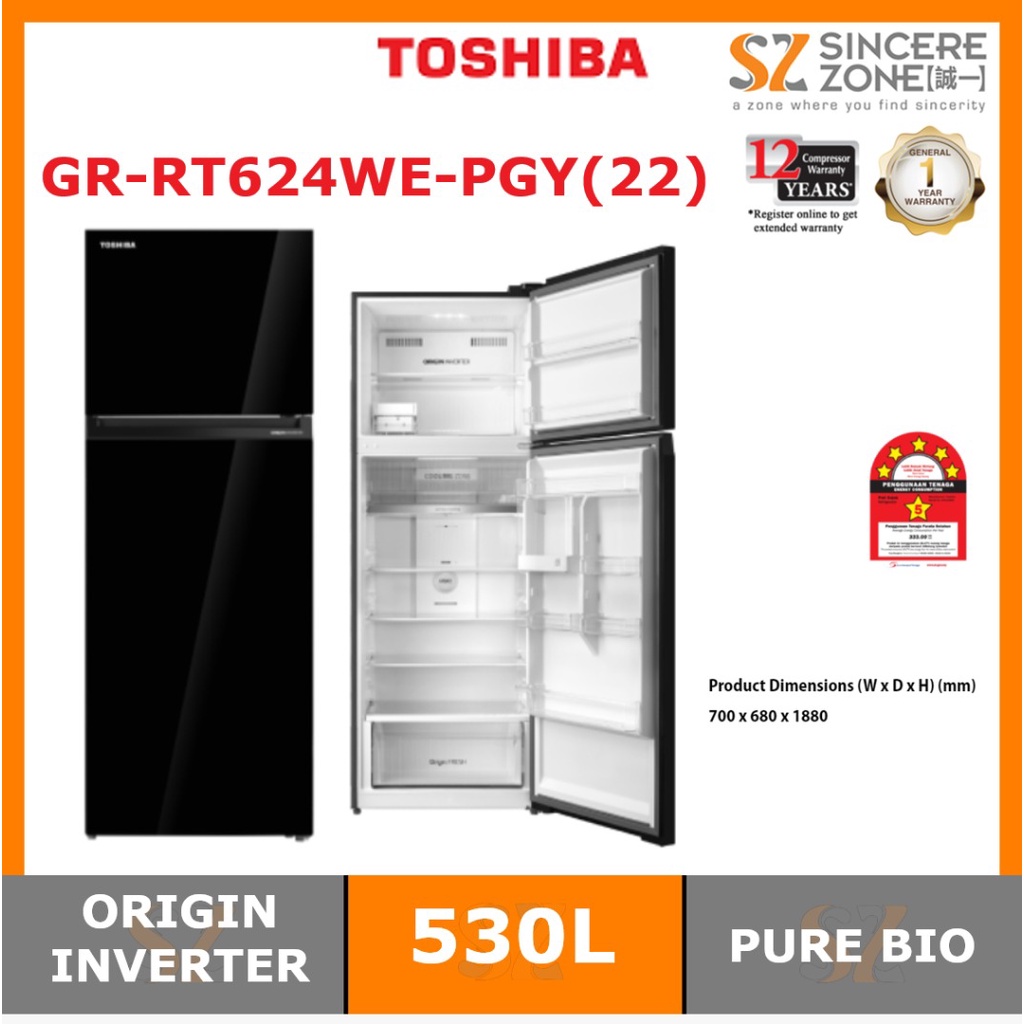 Toshiba GRRT624WEPGY(22) 530L 2 Doors Inverter Refrigerator (GLASS