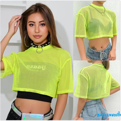 US Women Mesh Sheer Short Sleeve Crop Tops Blouse Casual Seethrough