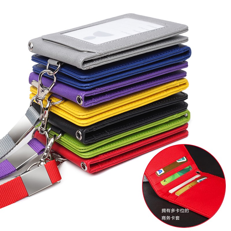 Badge Holder, Double Sided PU Leather ID Badge Card Holder with Lanyard