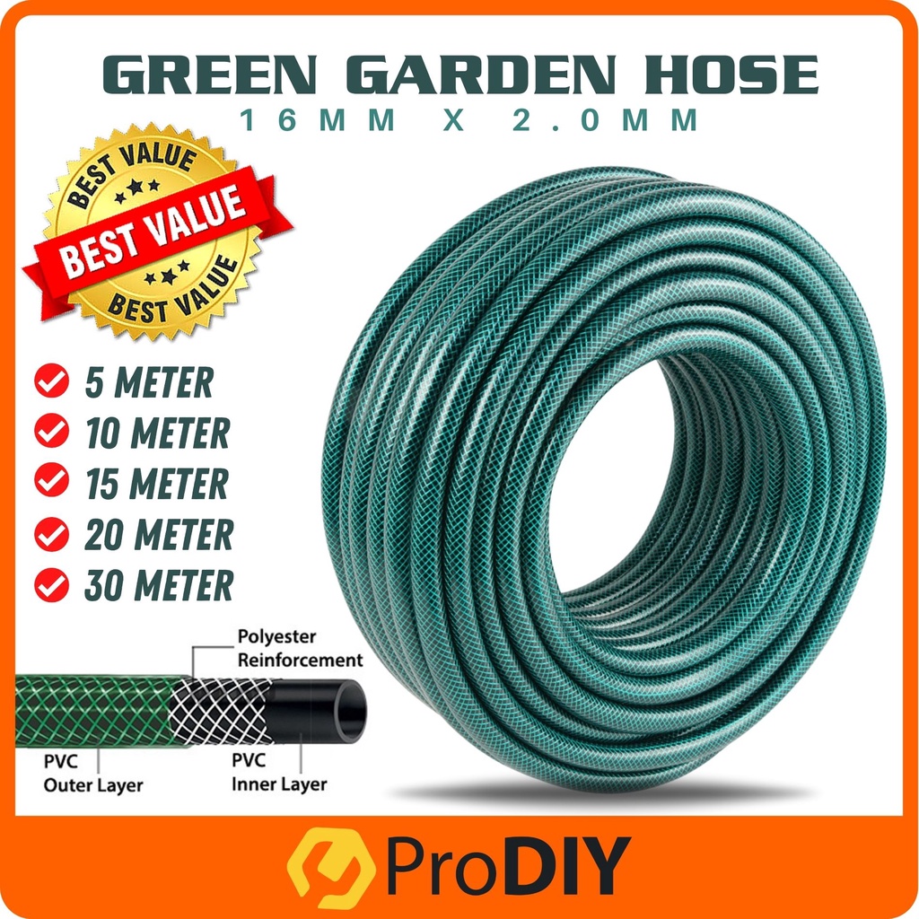 New Reinforced PVC Green Garden Hose 5M / 10M / 15M / 20M / 30M x 2.0MM