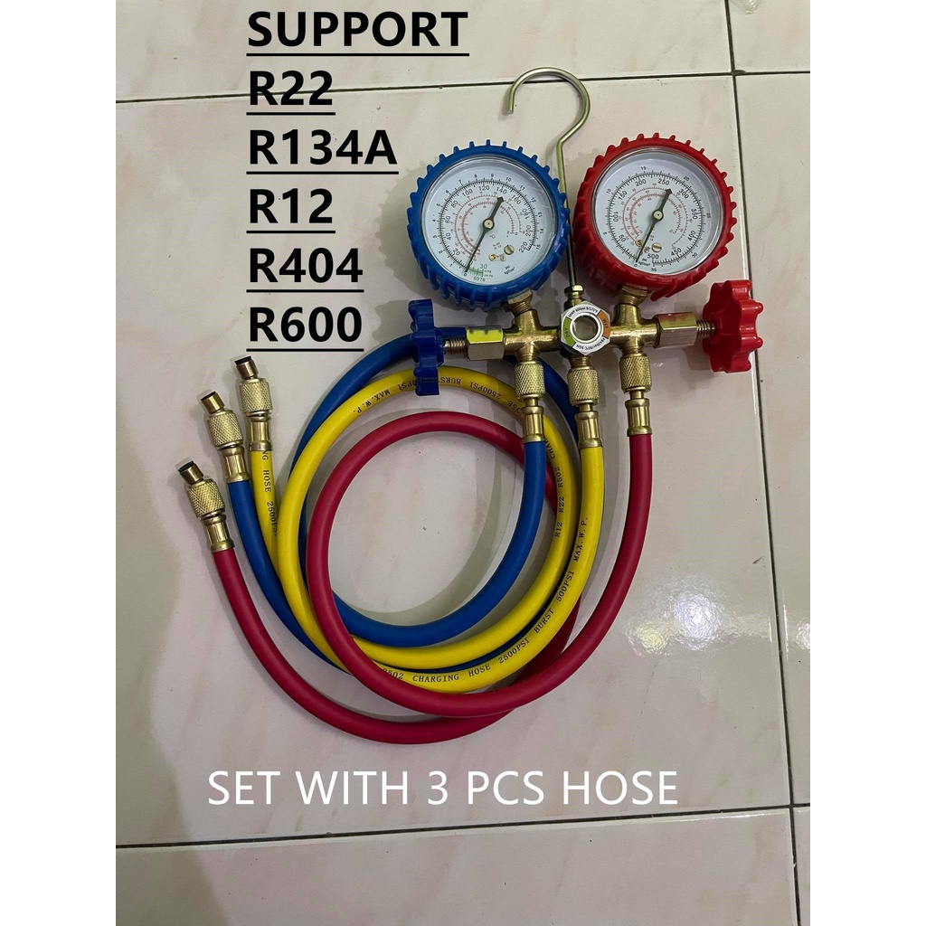 METER GAS HOME/CAR AIRCOND FRIDGE +3pcs HOSE CHECK PRESSURE R22 R410A