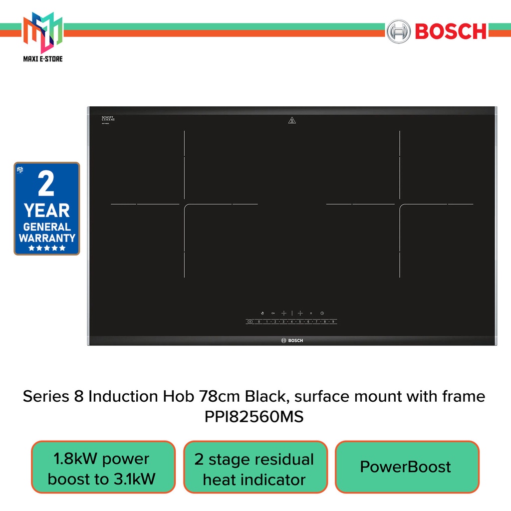Bosch PPI82560MS Series 8 Induction Hob 78cm Black, Surface Mount with