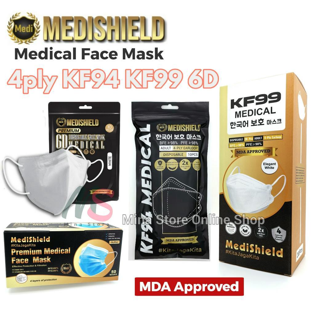 Premium Medical Face Mask 4ply kf94 kf99 6D MediShield Disposable Earloop Headloop (Hijab) Adult