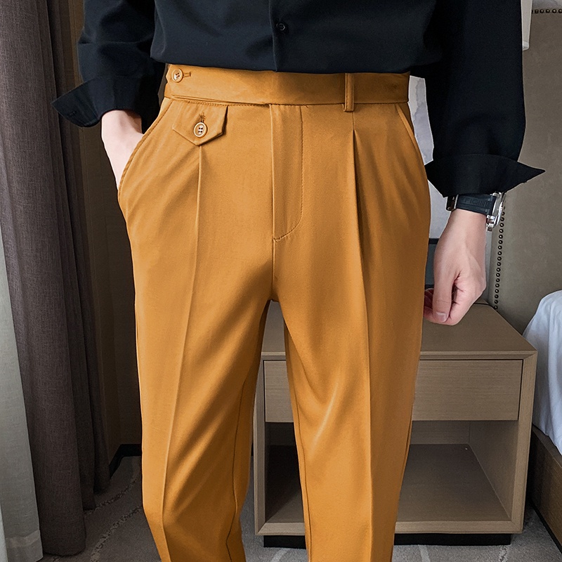 Trousers Men's High Waist Straight British Style SlimFit Suit Black