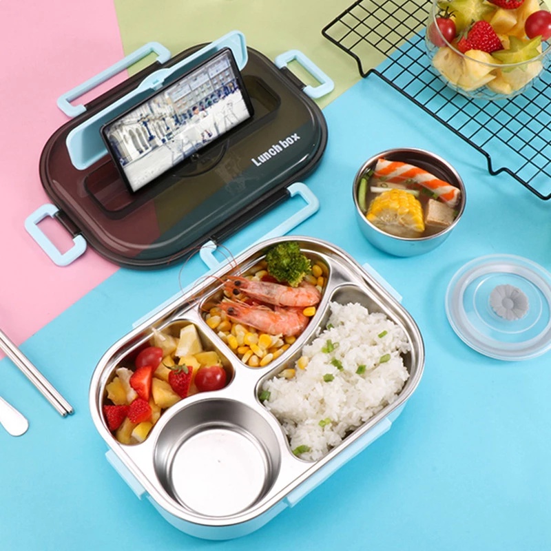 SUS304 Stainless Steel 4 Slots Keep Warm Lunch Box 1300ml +200ml Bowl