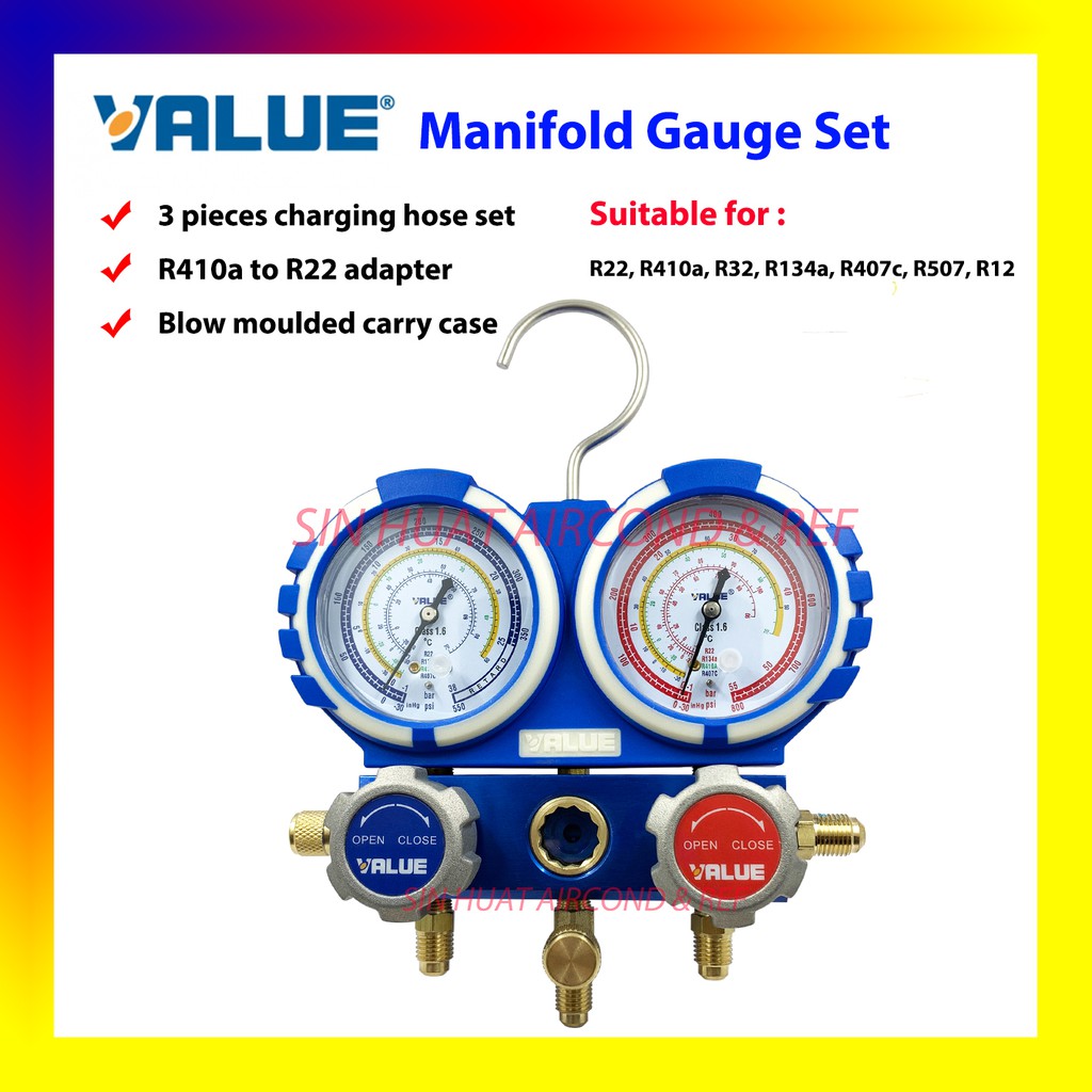 VALUE AirCond Service Dual Manifold Gauge Set R410a R32 R22 R134a