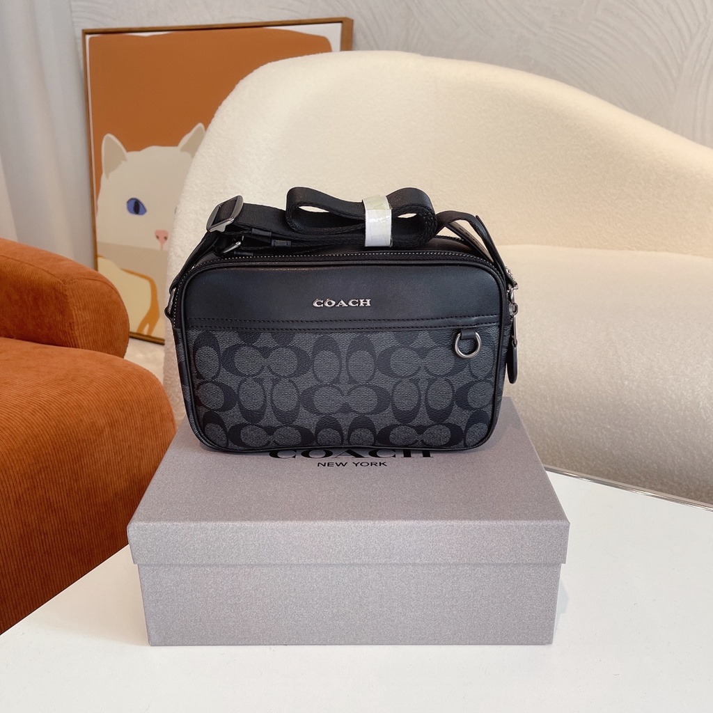 Spot goods coach sling bag men leather Cross Body Bags Double Zipper