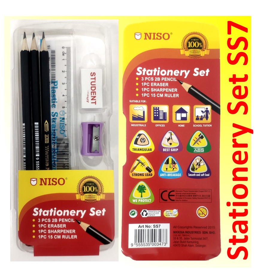 Niso Stationery Set SS7 2B pencils Eraser Ruler Sharpener Plastic