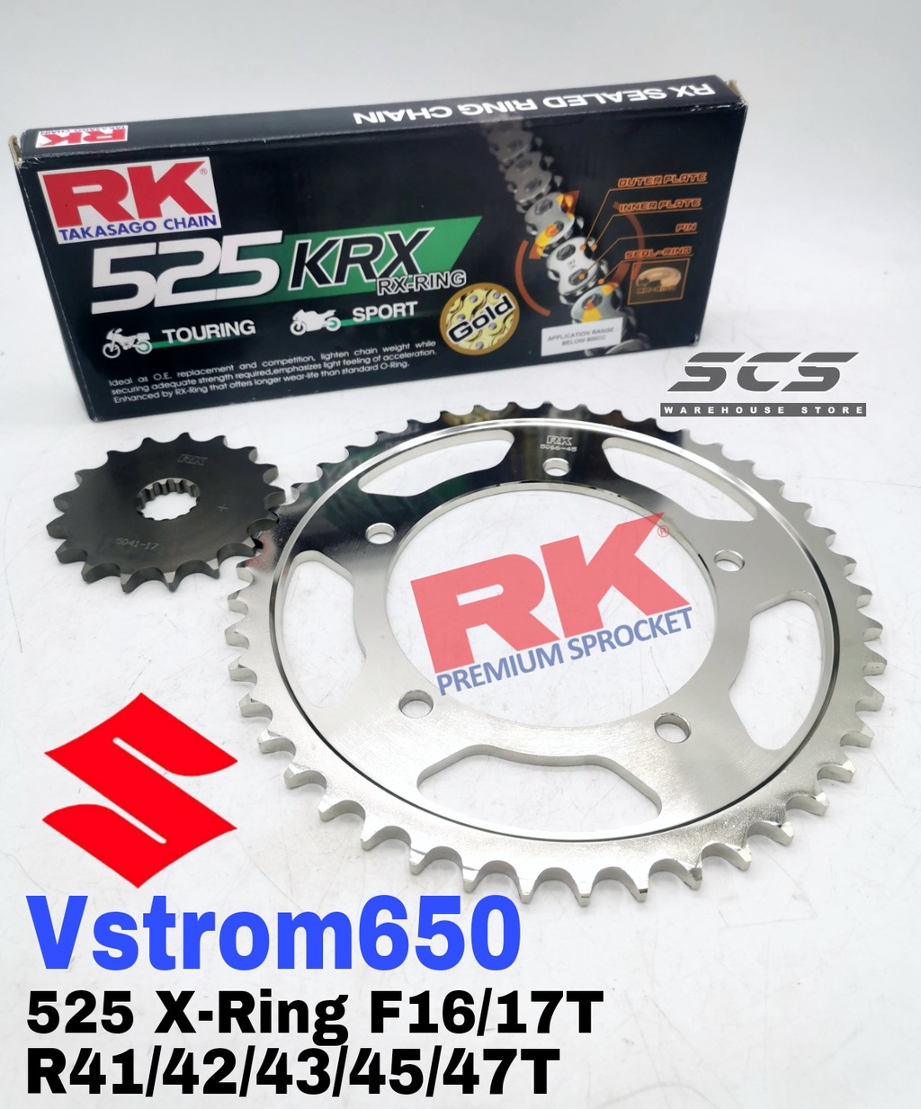 RK Sprocket Set SUZUKI VStrom 650 525 GB KRX XRing Black Gold Chain