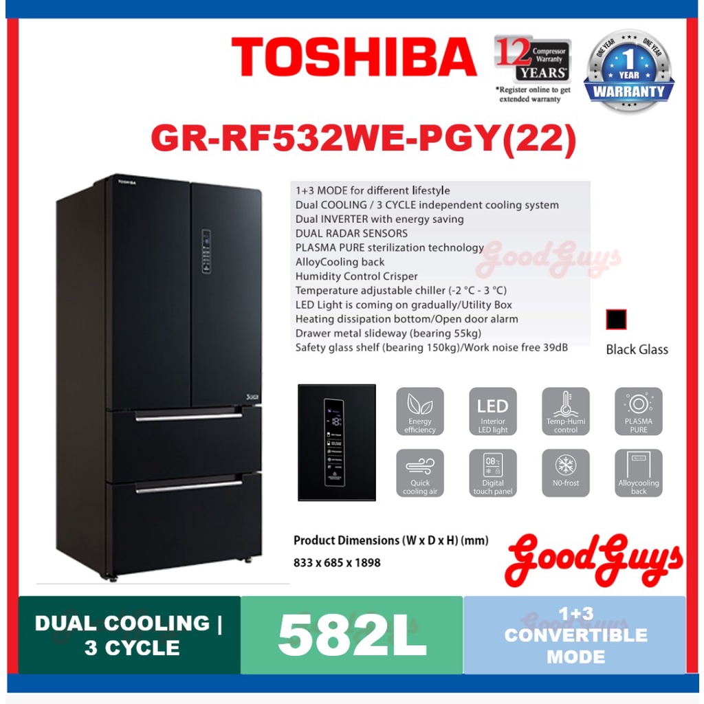 Toshiba GRRF532WEPGY(22) 582L FRENCH DOOR DUAL INVERTER REFRIGERATOR