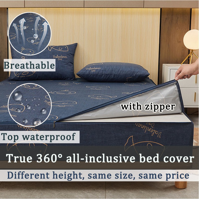 [with zipper]Waterproof Fitted sheet zipper mattress cover protective cover non slip bedspread