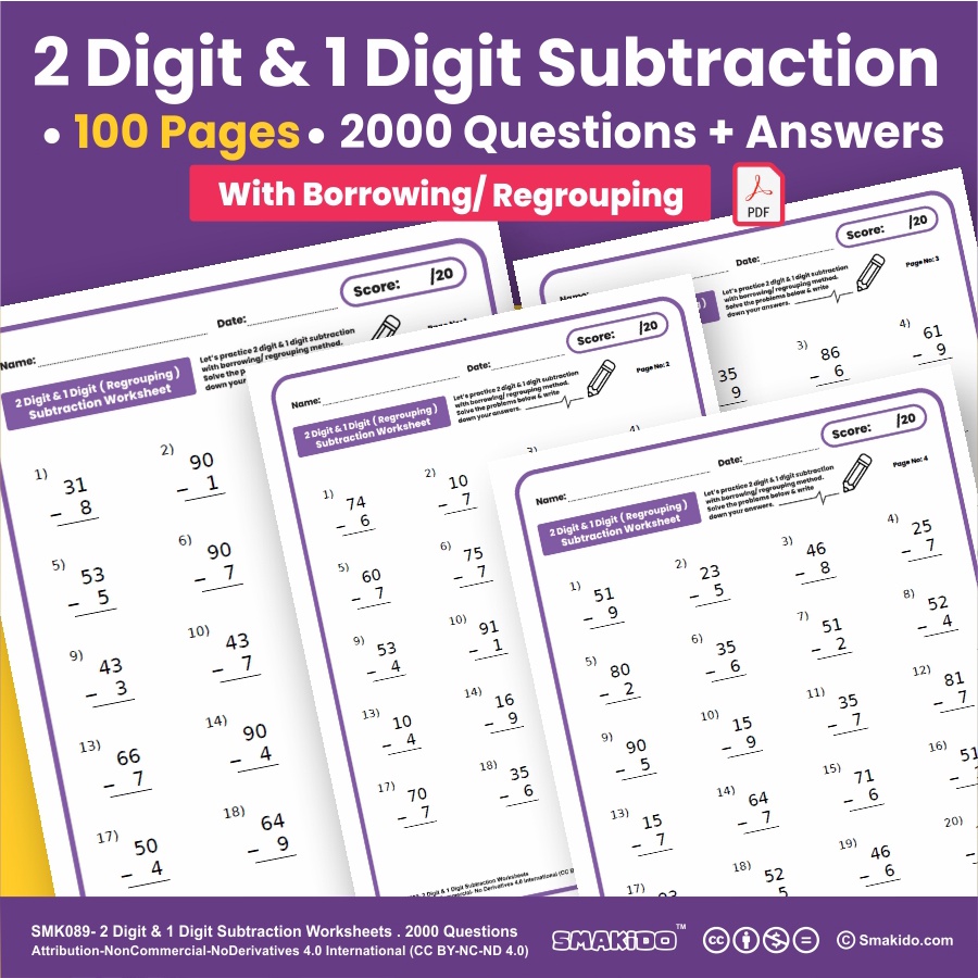 Regrouping/ Borrowing 2 Digit & 1 Digit Subtraction Worksheets ️100
