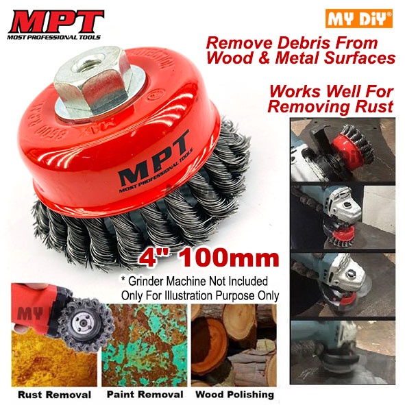 TAHAN LASAK BERUS BESI POLISH PERMUKAAN KARAT KEMASAN KAYU MPT 4” Wheel Twisted Wire Cup Brush