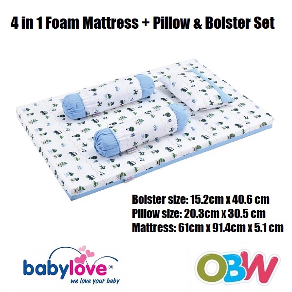 Babylove 4 in 1 Foam Mattress + Pillow & Bolster Set Travel Baby Love
