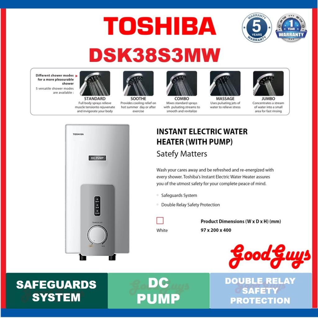 Toshiba DSK38ES3MW Instant Electric Water Heater (With Pump) Shopee