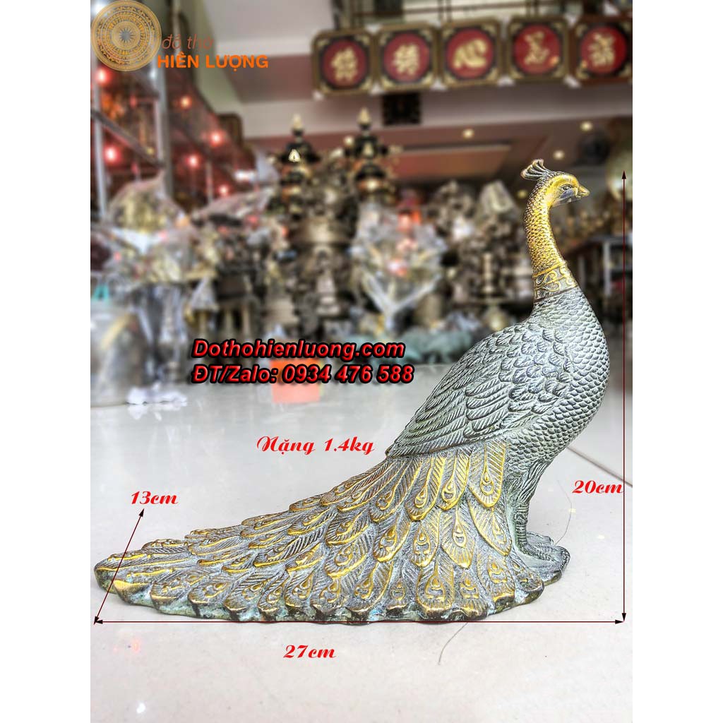 Antique Blue Bronze IceTail Peacock Mascot Statue Feng Shui Item