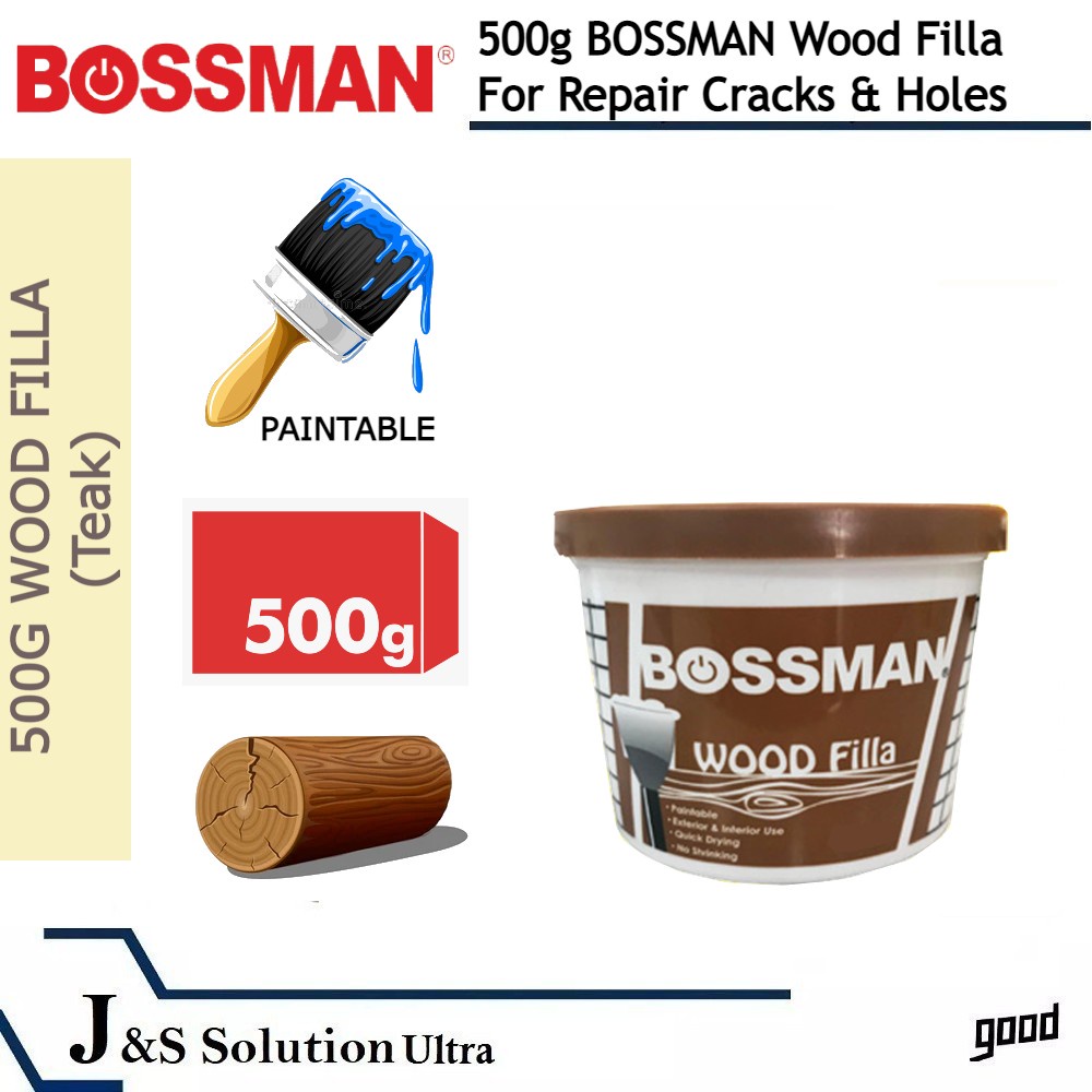 500g BOSSMAN Wood Filla for Repair Cracks & Holes (Natural or Teak