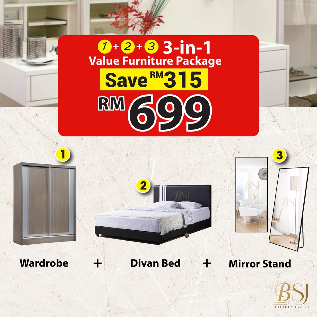 BSJ【 𝟯𝐢𝐧𝟏 𝐂𝐎𝐌𝐁𝐎 𝐒𝐄𝐓】Packej Furnitures Divan Bed Wardrobe Mirror Stand