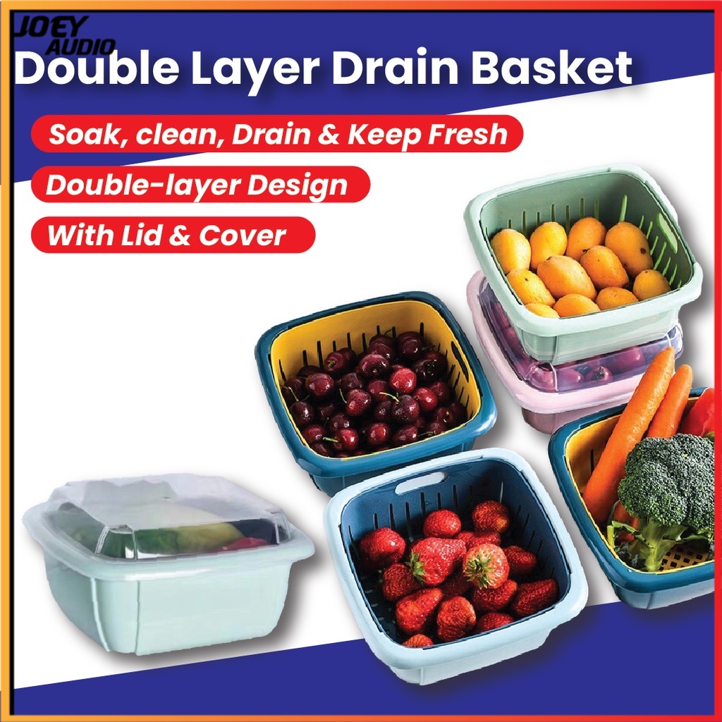 Multifunction Doublelayer Drain Basket with Lid Plastic Fruit Storage Basket Kitchen