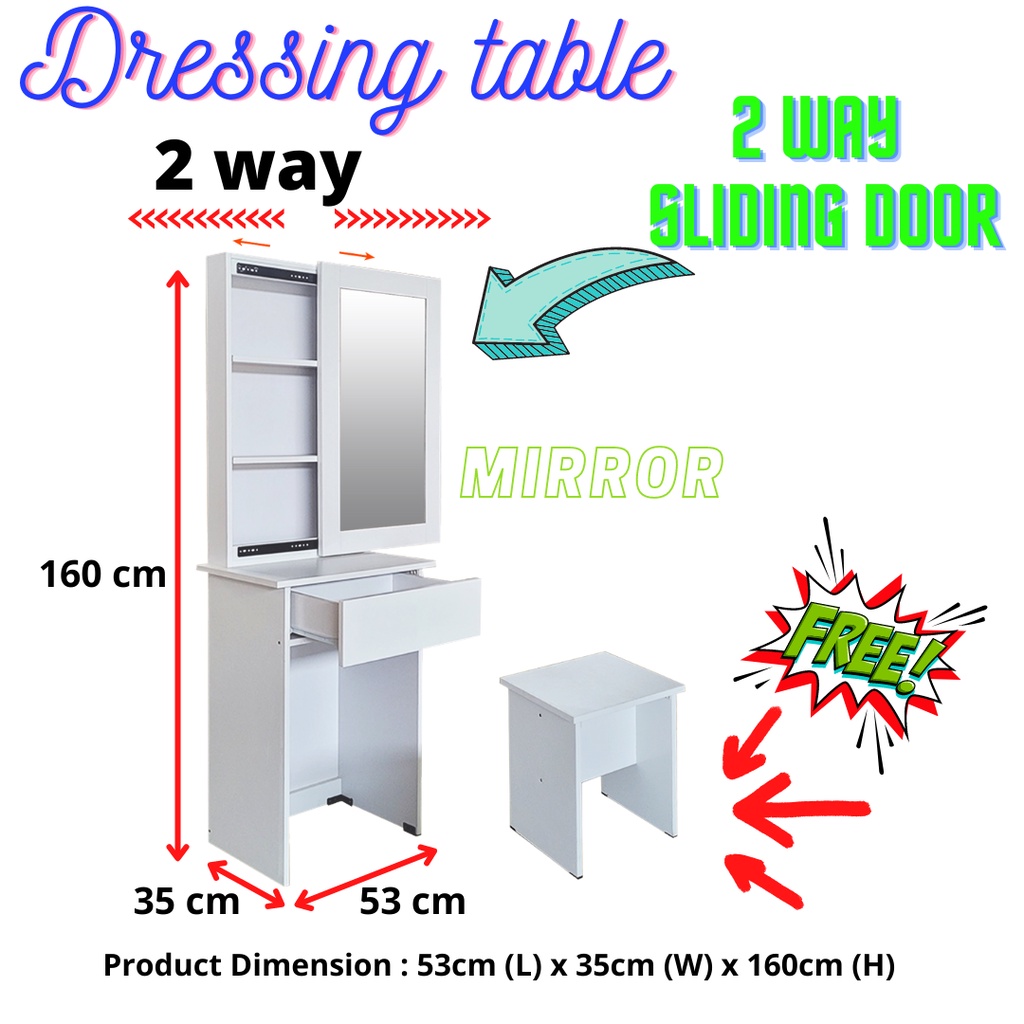 5ft Meja Solek Dressing Table with Mirror Sliding Door Make Up Table