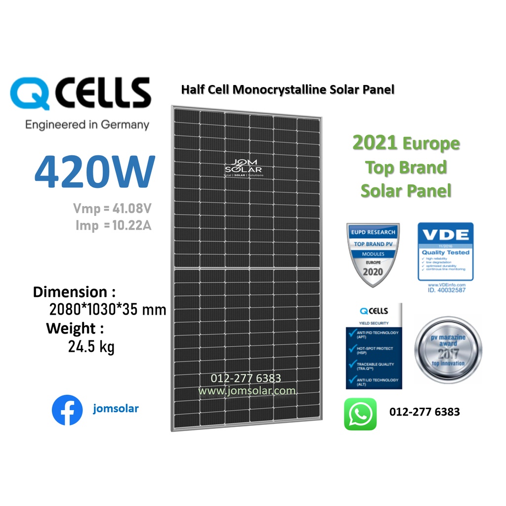 420W Monocrystalline Solar Panel Qcell Made In Malaysia Germany