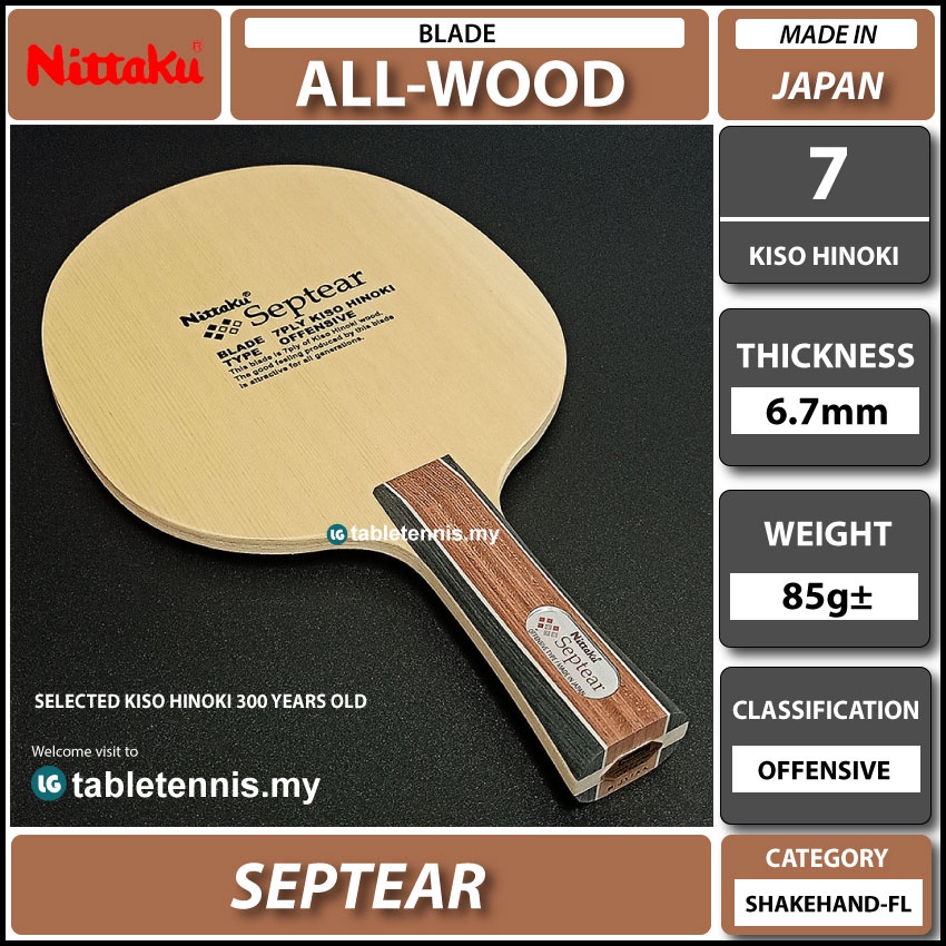 Nittaku Blade Septear Kiso Hinoki All Wood Blade Table Tennis Paddle