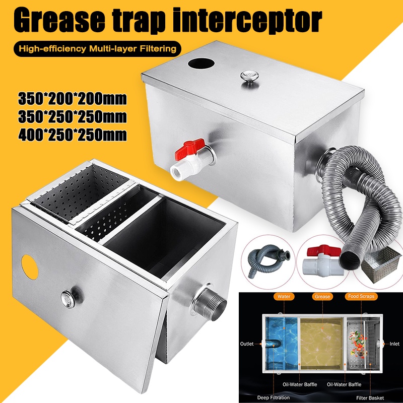 350*250*250mm Stainless Steel Grease Trap Interceptor Oil Water Separator for Restaurant Kitchen