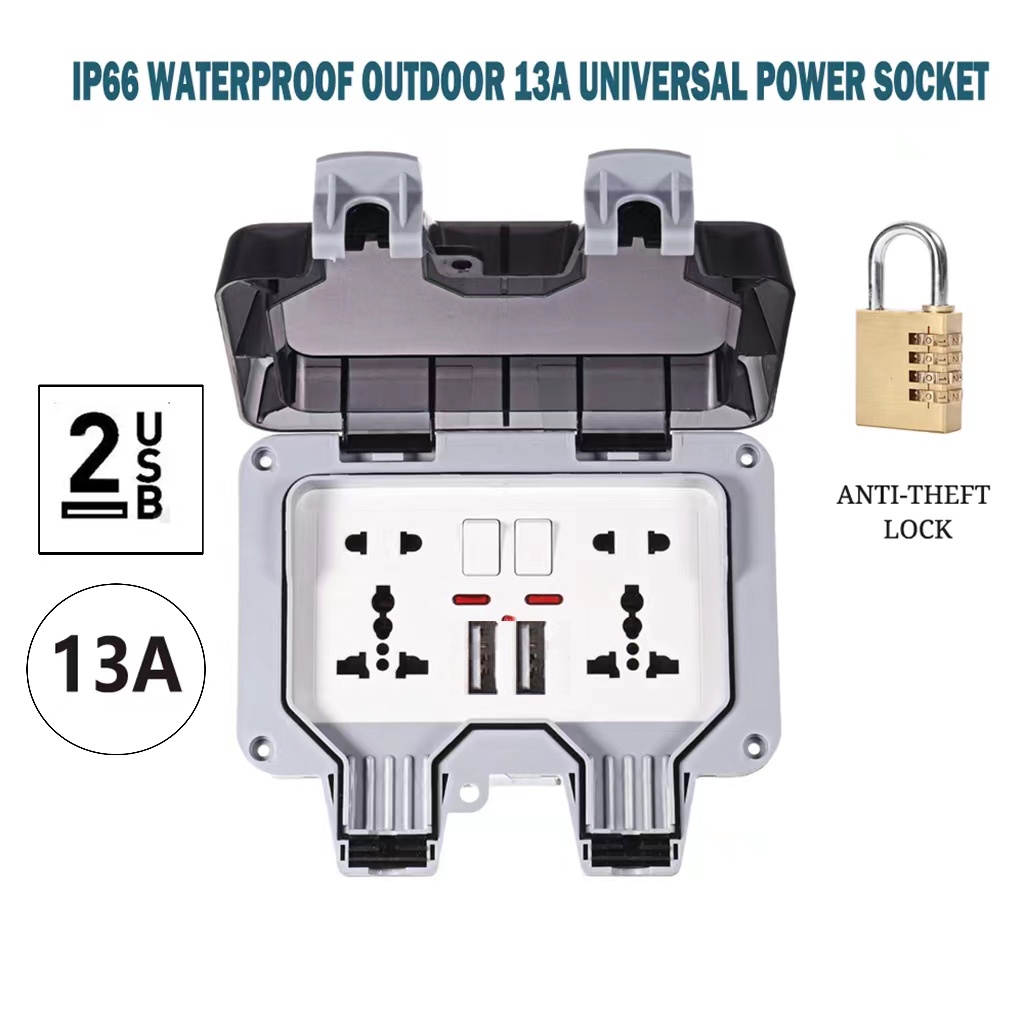 Waterproof Outdoor Double Plug Socket 13A IP66 Weatherproof Socket