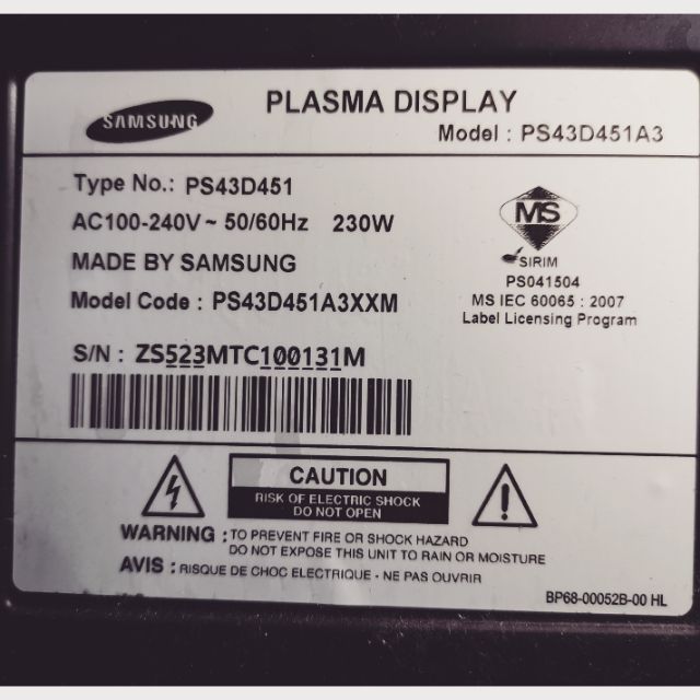 SAMSUNG PLASMA TV Model PS43D451A3 Shopee Malaysia