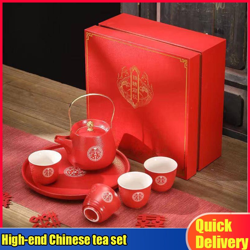 Highend Chinese tea set Chinese red ceramic tea set a pot of four cups of highend set wedding