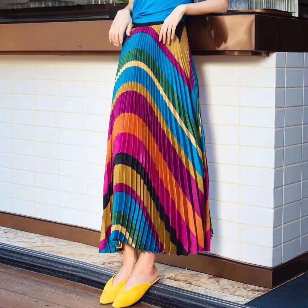 Retro Pleated rainbow Skirt Office Wear Long Skirt Big Size A Line Maxi