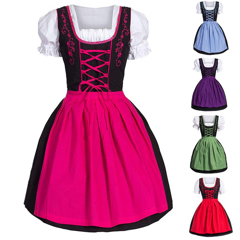 Traditional Bavarian Oktoberfest Costumes Plaid Dirndl Dresses Women