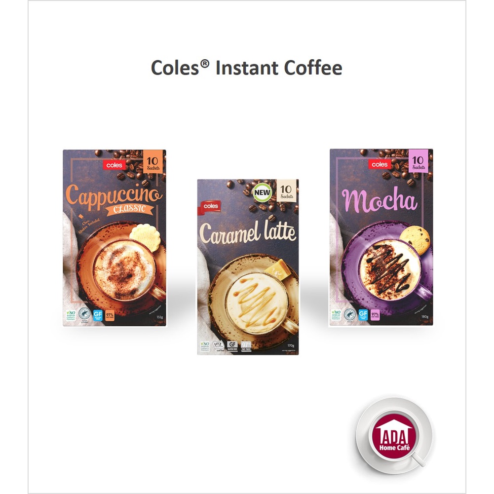 Coles Instant Coffee 10 Sachets Pack Cappuccino Classic, Caramel Macchiato, Mocha, Hot