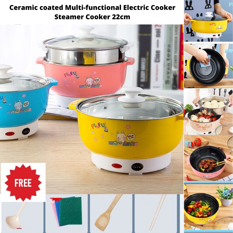 Non Stick Electric Multi Purpose Ceramic Rice Cooker Pot Frying Pan Steamer Grill Periuk Nasi