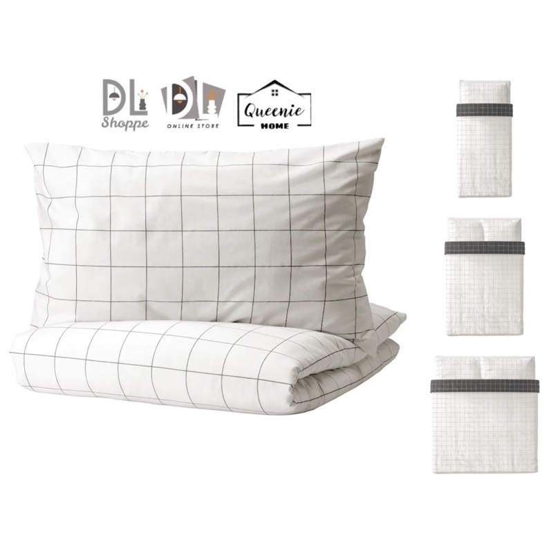 ikea VITKLOVER Duvet cover and pillowcase, white black/check, 152