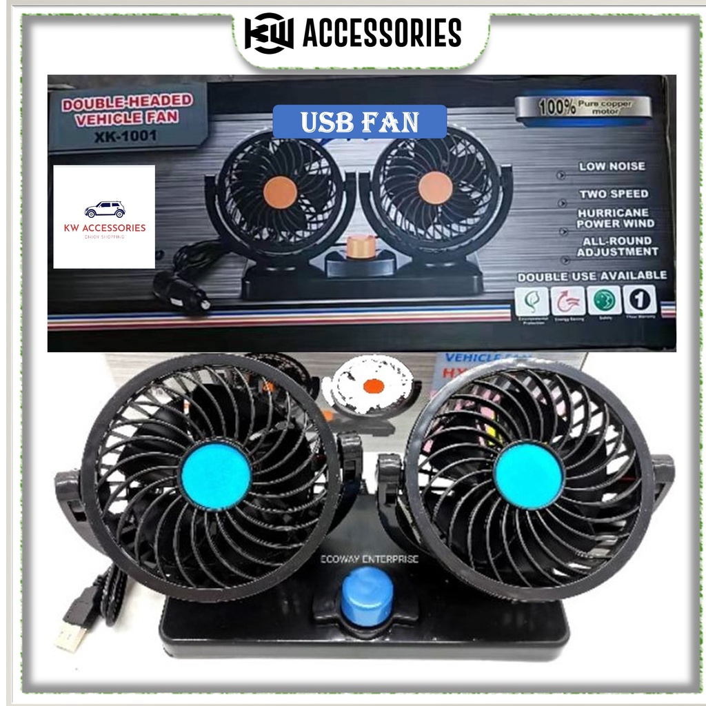 USB Fan Double Head Dual Speed Vehicle Car Desk Table Fan Kipas USB