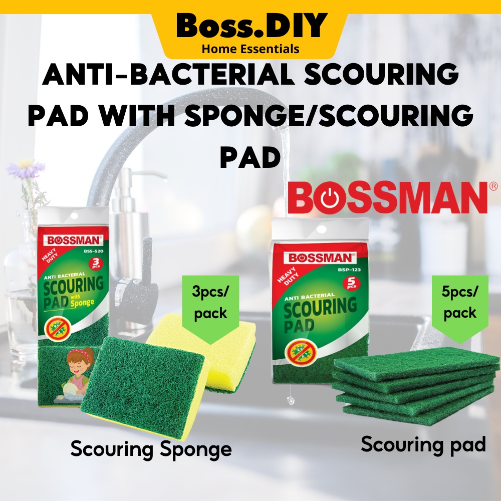 【BOSSMAN】AntiBacterial Scouring Pad with Sponge (3pc/pack) / Scouring