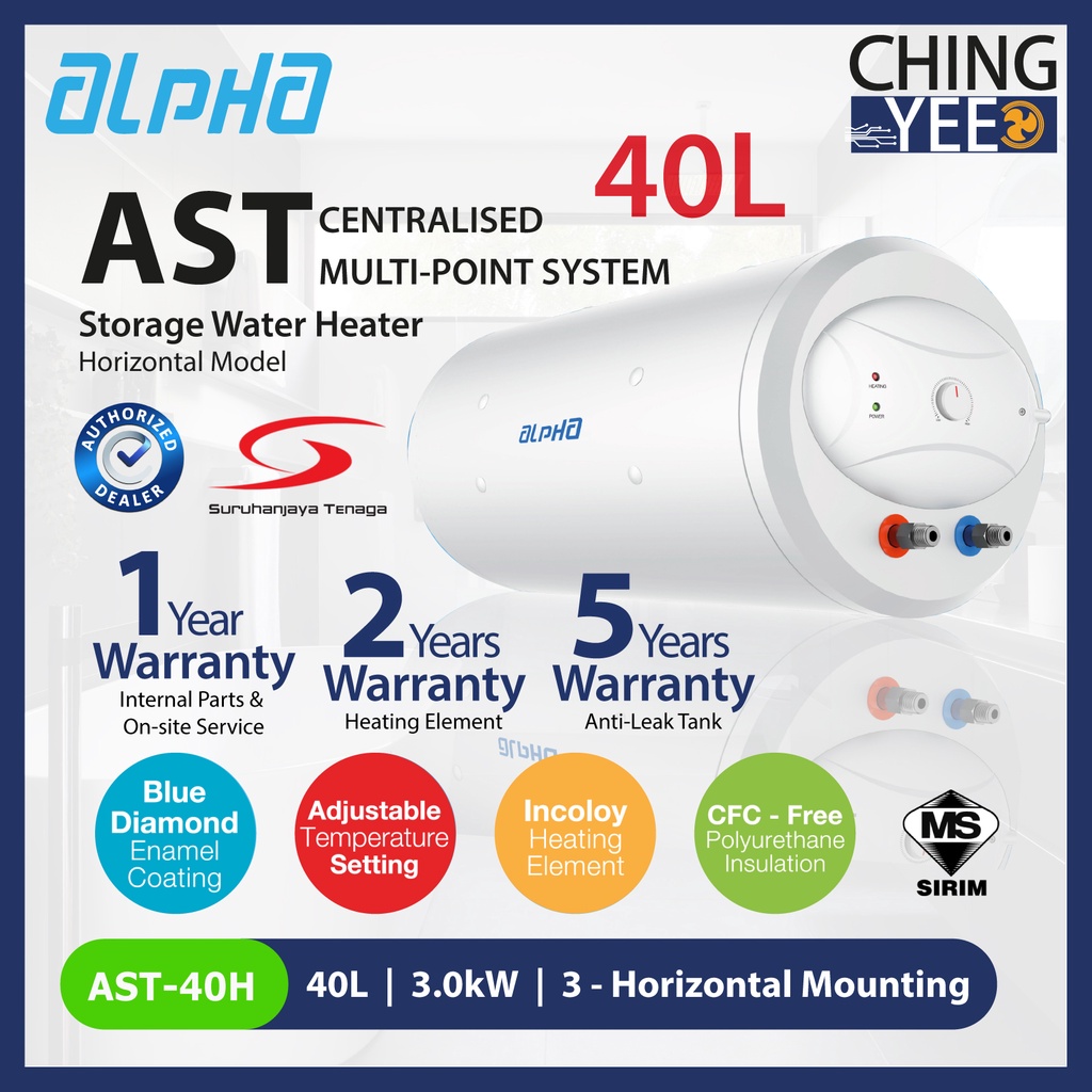 Alpha Storage Water Heater AST40H 40L Horizontal Model Blue Diamond