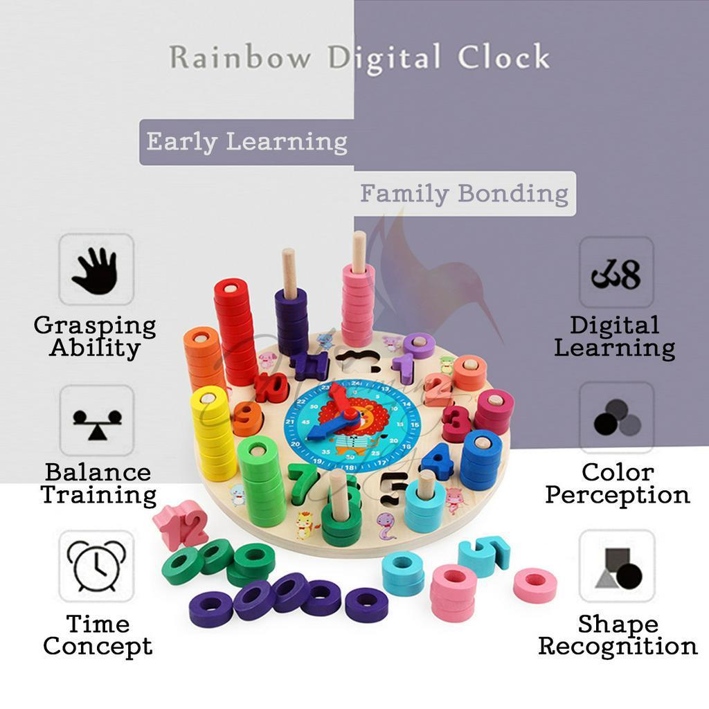 Kids Wooden Multifunctional Rainbow Interactive Clock for Learning Time
