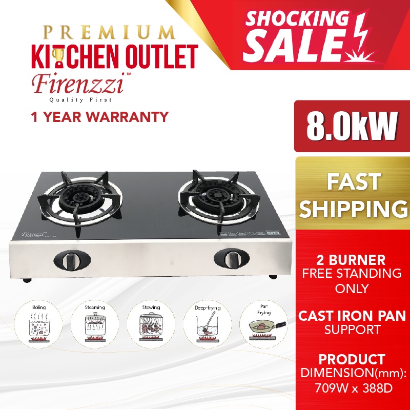 Firenzzi 8.0kW 2 Burner Free Standing Tempered Glass Top Gas Stove FS