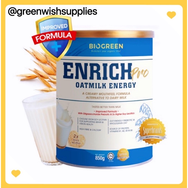 BIOGREEN Wholefood PlantBased Milk, Enrich Pro Oatmilk Energ (850g)Exp07/2025 [HALAL][Gluten