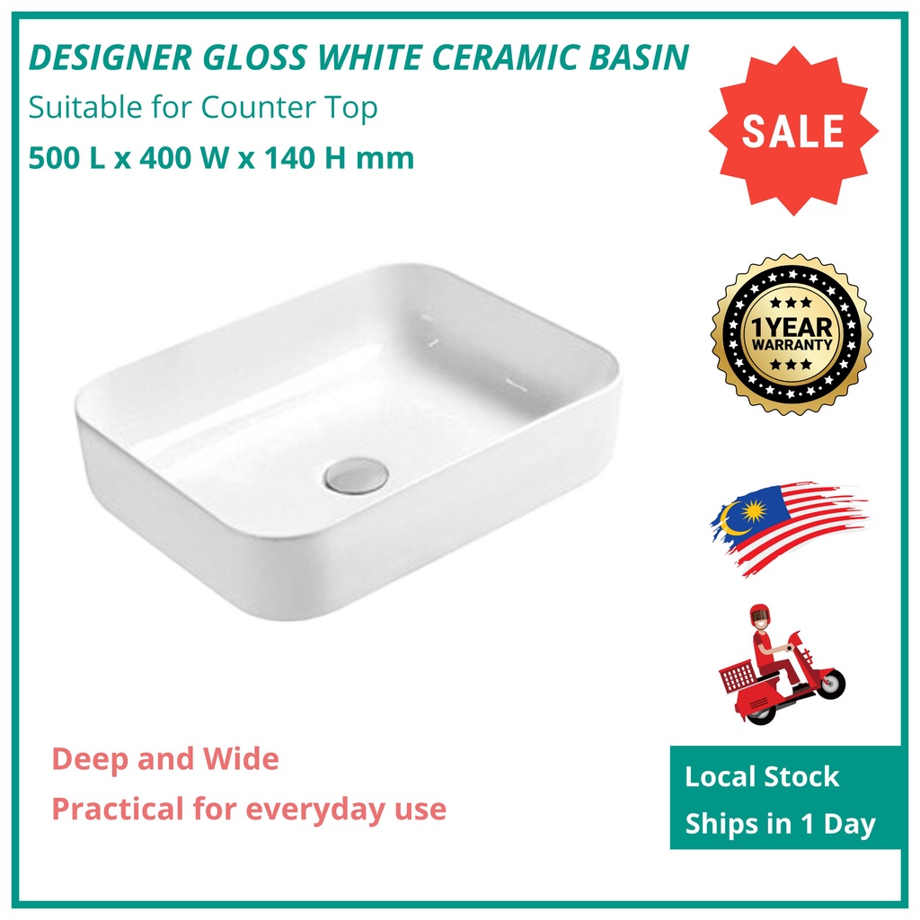 Bathroom Premium 500mm Rectangle Deep Ceramic Counter Top Basin Sink
