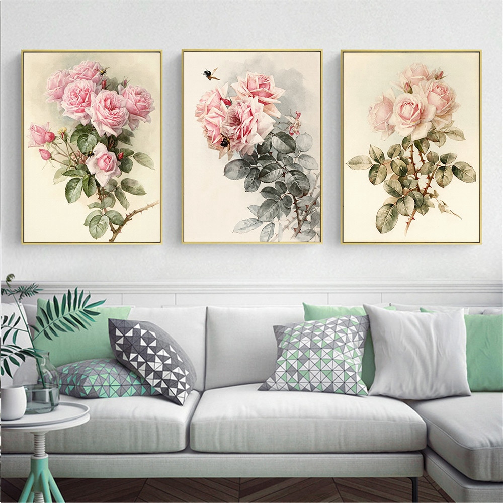 Vintage Flower Wall Art Posters Canvas Print Pink Rose Home Decor Wall