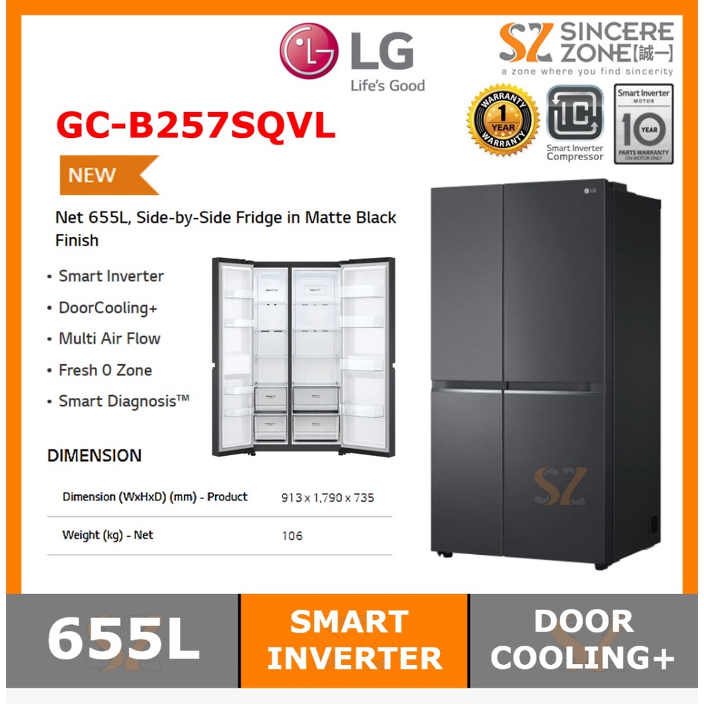 LG GCB257SQVL 655L, SidebySide Fridge In Matte Black Finish Smart Inverter (GCB257SQVL