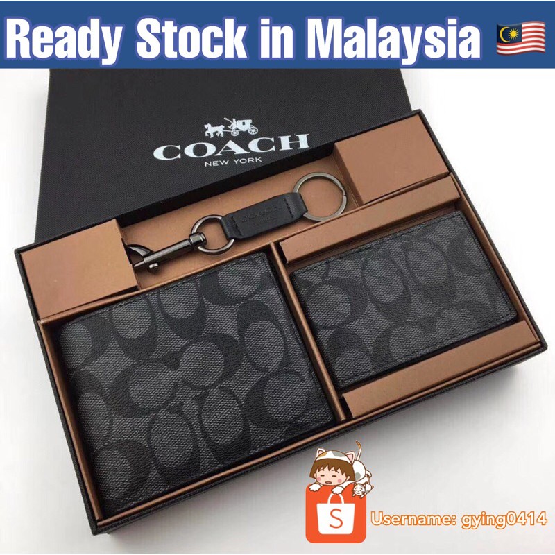 READY STOCK Coach Wallet Men Set Gift Black Charles In signature Short