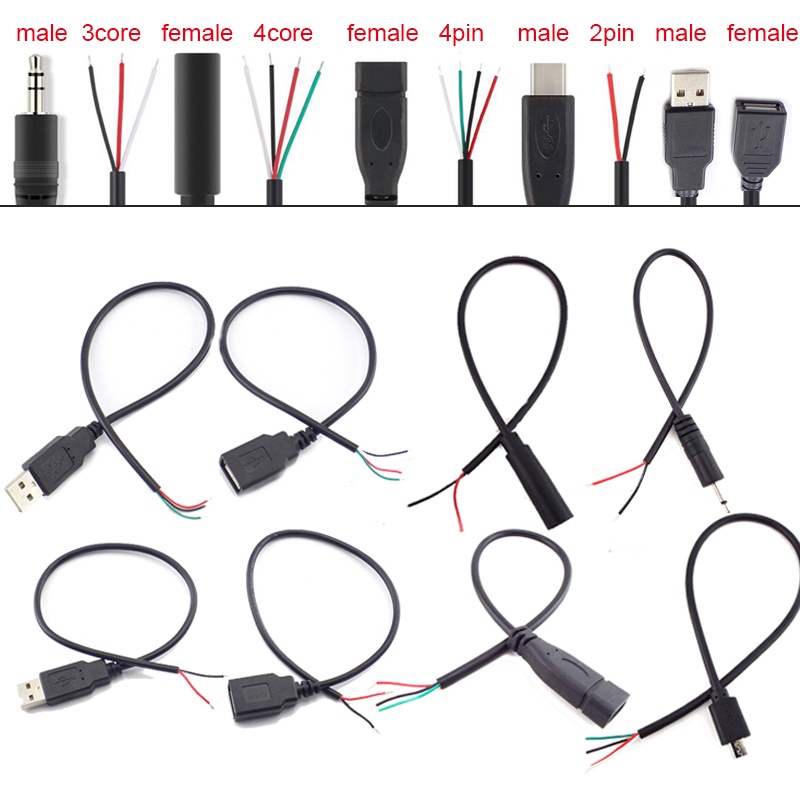 2pin 4pin Data Line Micro USB 2.0 TypeC AUX Mono Connector Power Supply Extension Cable