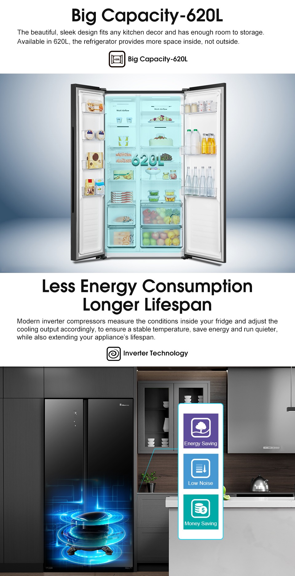 Hisense Refrigerator (620L) Inverter Side by Side Fridge RS688N4AWU