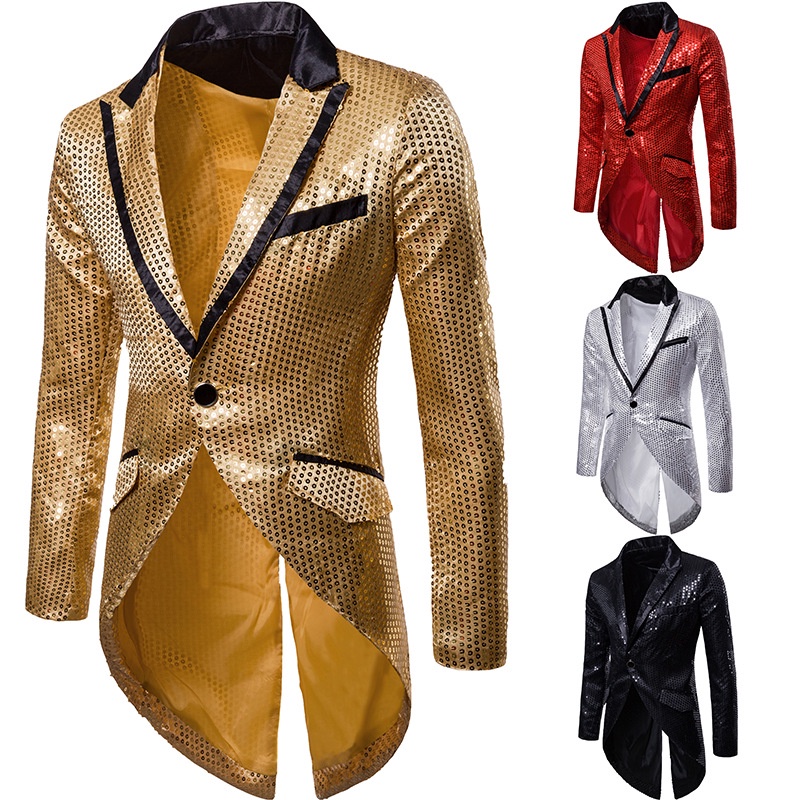 Mannen Shiny Gold Sequin Glitter Verfraaid Blazer Jas Mannen