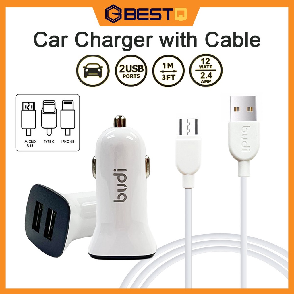 Budi Fast Charging Car Charger 2 USB Ports With Micro USB/Iphone/TypeC